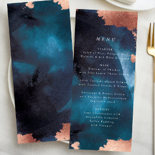 Watercolor Navy Blue Moody Rose Gold Wedding Menükarte