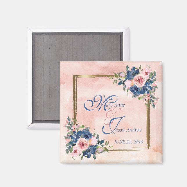 Watercolor Navy & Blush Wedding Magnet (Vorderseite/Rückseite)