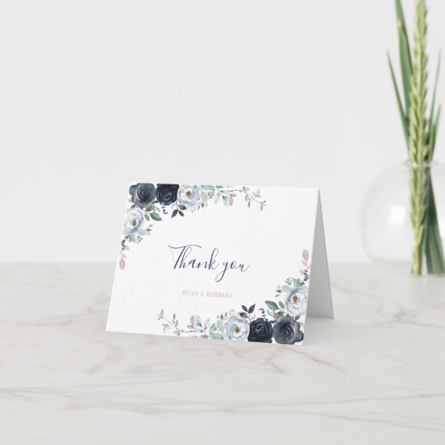 Watercolor Navy Boho Floral Danke Karte (Vorderseite)