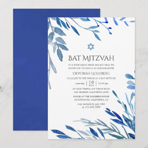 Watercolor Navy Indigo Blätter Bat Mitzvah Einladung