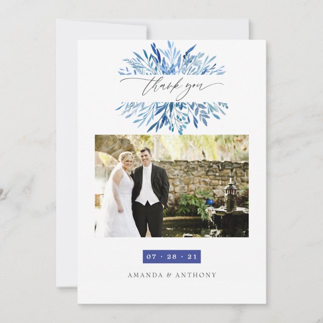 Watercolor Navy Indigo Blätter Wedding Foto Dankeskarte (Vorderseite)