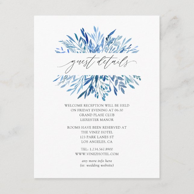 Watercolor Navy Indigo Blätter Wedding Guest Detai Begleitkarte (Vorderseite)
