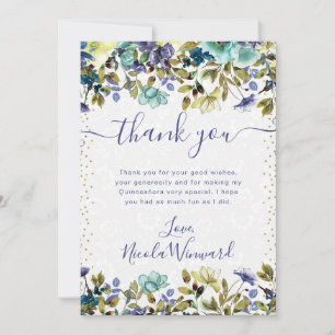 Watercolor Navy- und Blaue Blumen Quinceanera Dankeskarte