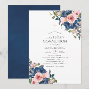 Watercolor Navy und Blush Floral Erstkommunion Einladung
