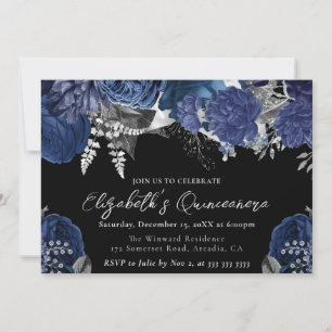 Watercolor Navy und Silber Rosen Quinceanera Einladung
