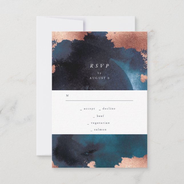 Watercolor Navy White Moody Rose Gold Wedding RSVP Karte (Vorderseite)