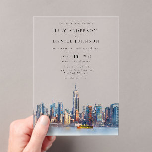 Watercolor New York Hochzeit in Urlaubsort Acryleinladungen