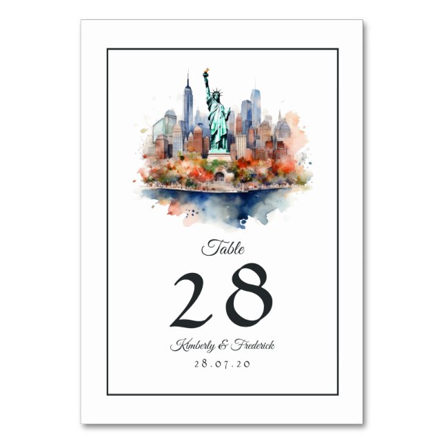 Watercolor New York Hochzeit in Urlaubsort Tischnummer (Vorderseite)