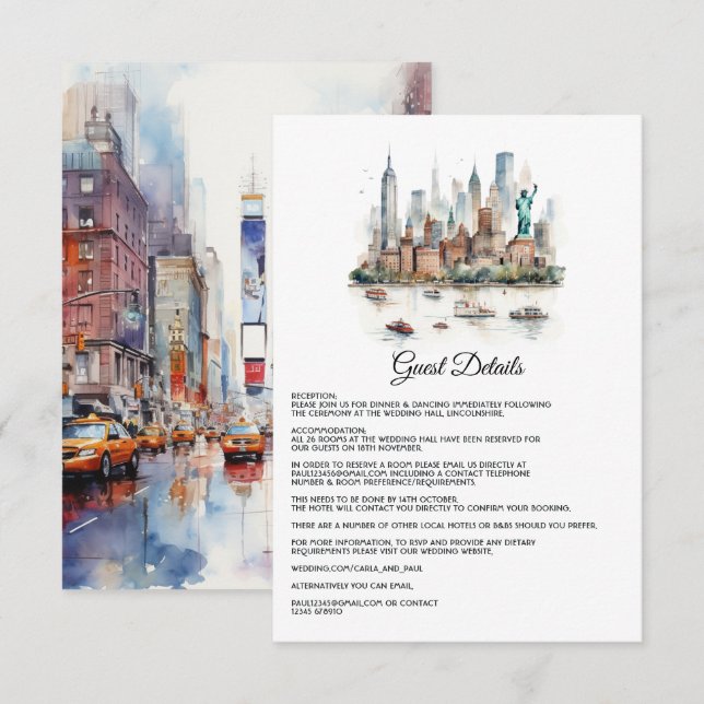 Watercolor New York Wedding Guest Details Begleitkarte (Vorne/Hinten)