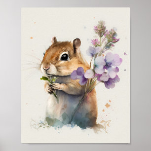 Watercolor Niedlich Chipmunk mit Blume Poster