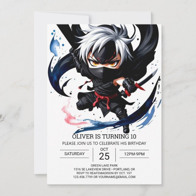 Watercolor Ninja Adventure Birthday Einladung (Vorderseite)