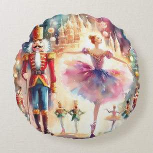 Watercolor-Nussknacker-Ballerina-Weihnachtstanz Rundes Kissen