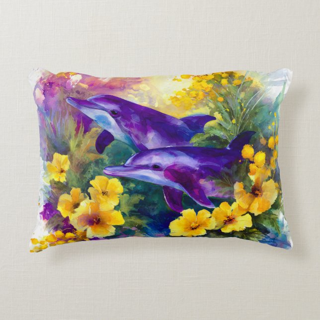 Watercolor Ocean Dolphins Tropical Flowers Dekokissen (Vorderseite)