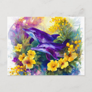Watercolor Ocean Dolphins Tropical Flowers Feiertagspostkarte