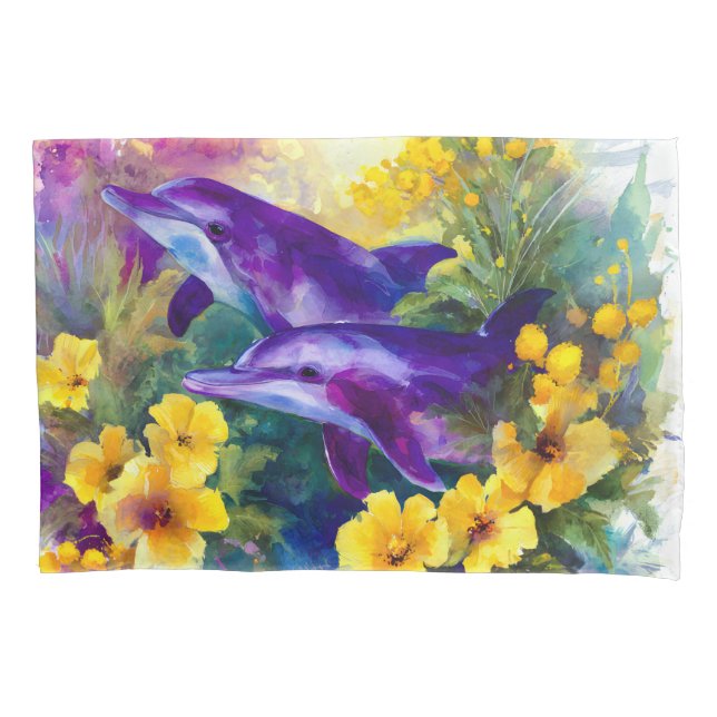 Watercolor Ocean Dolphins Tropical Flowers Kissenbezug (Vorderseite)