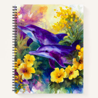 Watercolor Ocean Dolphins Tropical Flowers Notizbuch