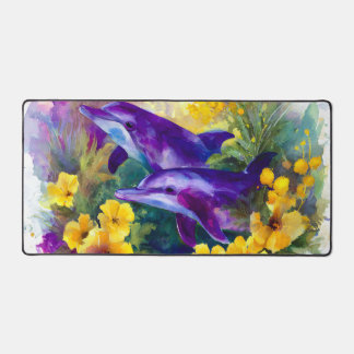 Watercolor Ocean Dolphins Tropical Flowers Schreibtischunterlage