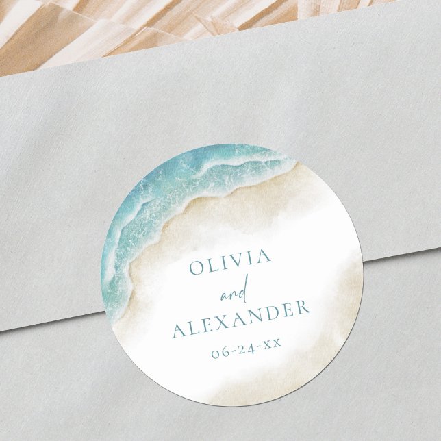 Watercolor Ocean Summer Beach Wedding Runder Aufkleber (Von Creator hochgeladen)
