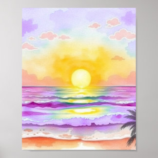 Watercolor Ocean Sunset Poster Soft Golden Light