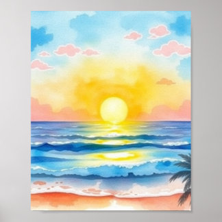 Watercolor Ocean Sunset Poster Soft Golden Light