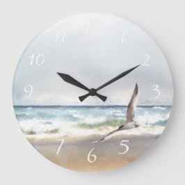 Watercolor Ocean Waves Beach Bird Große Wanduhr