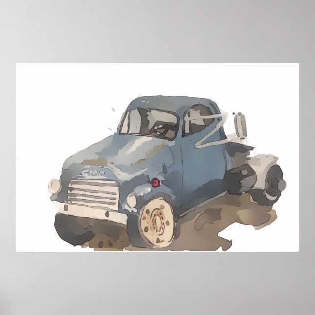 Watercolor of a blue gray flatbed truck poster (Vorne)