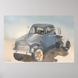 Watercolor of a blue gray flatbed truck poster