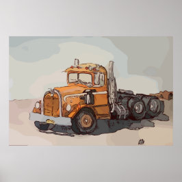 Watercolor of a orange old semi tractor poster