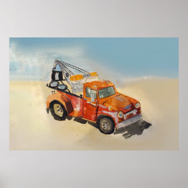 Watercolor of a orange rusty tow truck poster