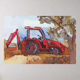 Watercolor of a orange tractor backhoe poster