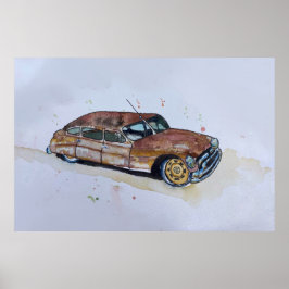 Watercolor of a rusty old antique sedan poster