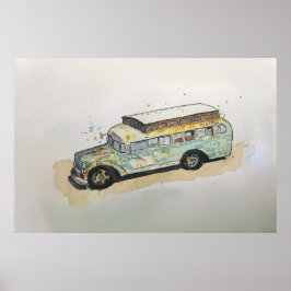 Watercolor of a rusty RV bus conversion Poster