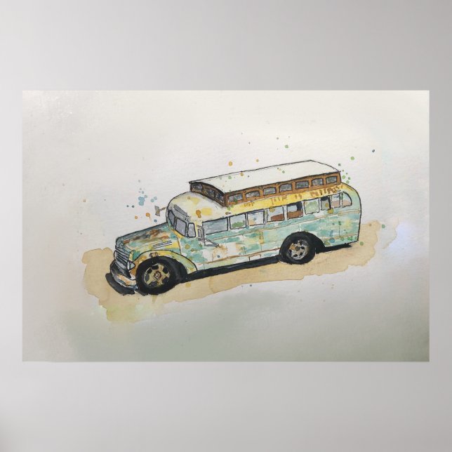 Watercolor of a rusty RV bus conversion  Poster (Vorne)