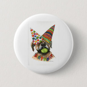Watercolor of Boxer + Party Hats, Tennis Button