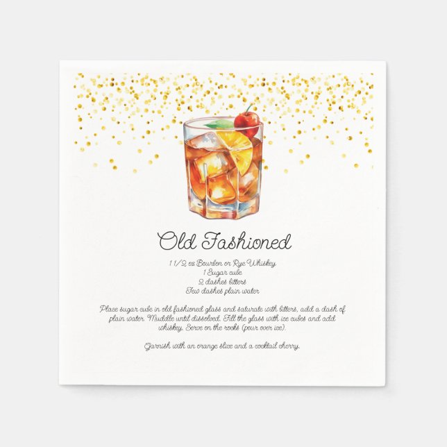 Watercolor Old Fashioned Custom Cocktail Recipe Serviette (Vorderseite)