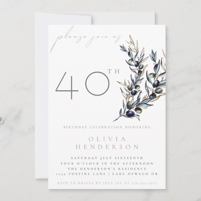 Watercolor Olive Branch Adult Birthday Invitation Einladung (Vorderseite)