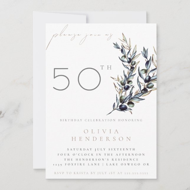 Watercolor Olive Branch Adult Birthday Invitation Einladung (Vorderseite)