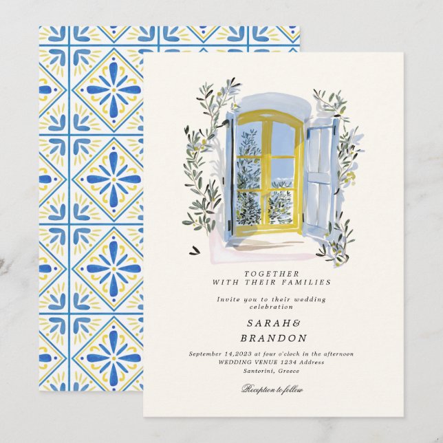 Watercolor Olivenblau Fliese Griechenland Hochzeit Einladung (Vorne/Hinten)