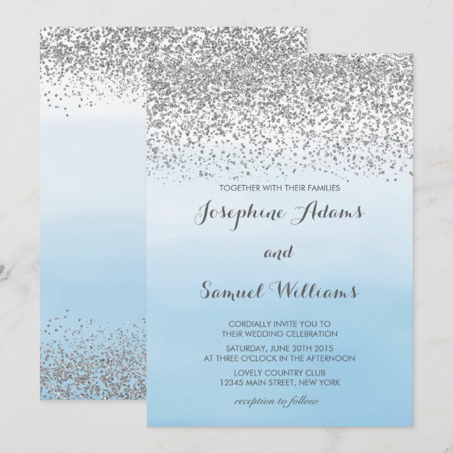 Watercolor Ombre Blue and Silver Glitzer Wedding Einladung (Vorne/Hinten)