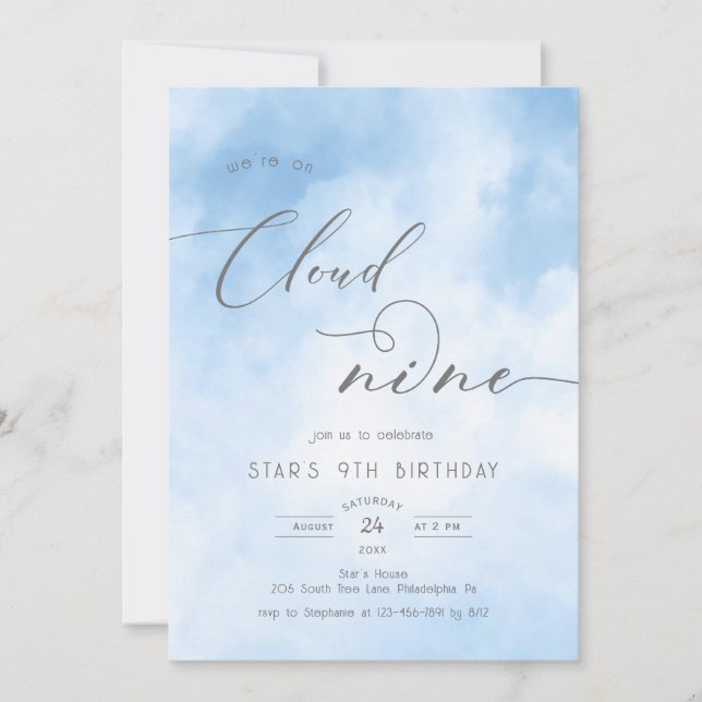 Watercolor On Cloud 9 9th Birthday Invitation Einladung (Vorderseite)