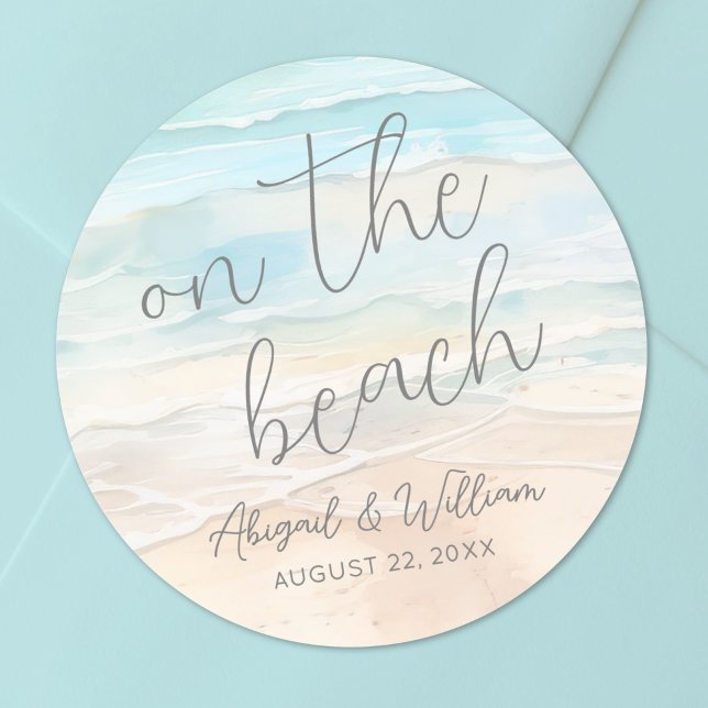 Watercolor On The Beach Wedding Runder Aufkleber (Watercolor On The Beach Wedding Classic Round Sticker )