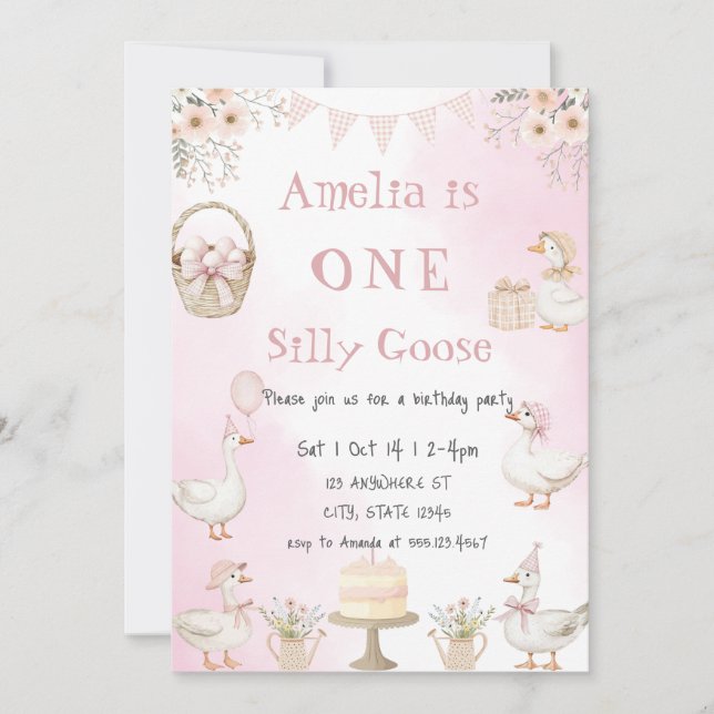 Watercolor One Silly Goose Pink Gingham Birthday Einladung (Vorderseite)