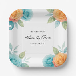 Watercolor Orange and Teal Roses Wedding Pappteller