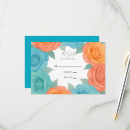 Watercolor Orange and Teal Roses Wedding RSVP Karte