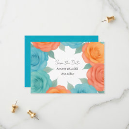 Watercolor Orange and Teal Roses Wedding Save The Date