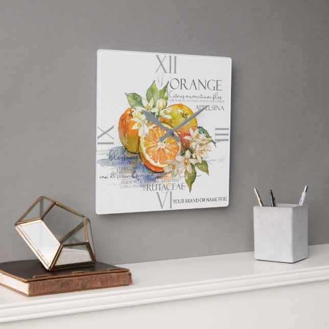 Watercolor Orange Citrus Fruit With Blossoms Quadratische Wanduhr (Büro)
