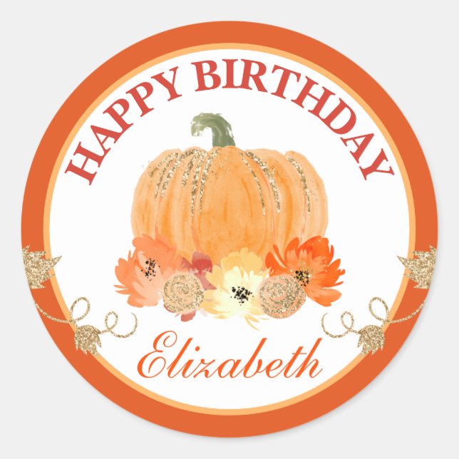 Watercolor Orange & Gold Pumpkin Happy Birthday Runder Aufkleber (Vorderseite)