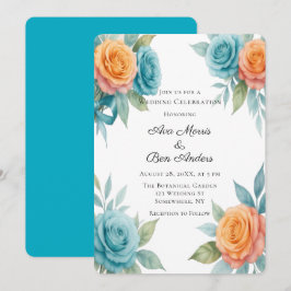 Watercolor Orange & Teal Roses Wedding Einladung