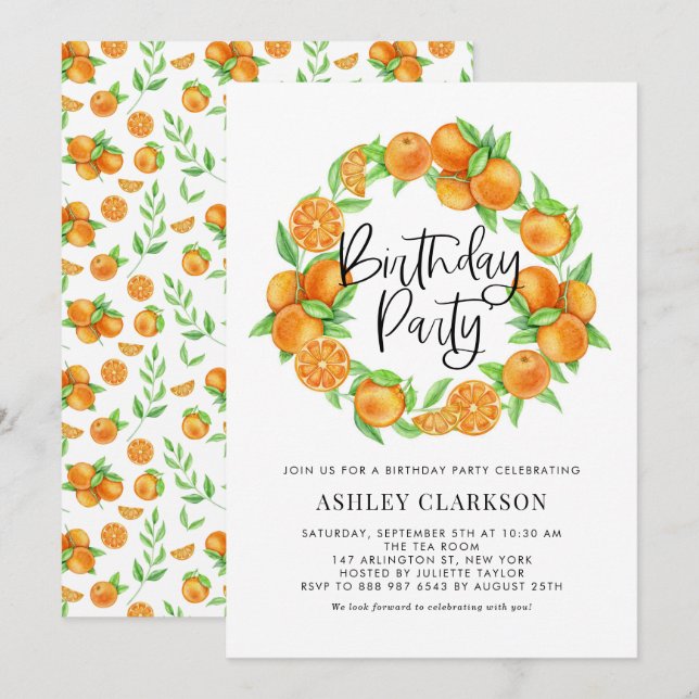 Watercolor Orange Wreath Summer Birthday Party Einladung (Vorne/Hinten)