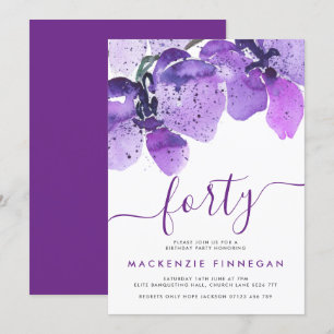 Watercolor Orchids Violet Fortieth Birthday Party Einladung